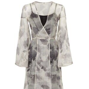 FENDI Cream/grey/black silk floral print sheer wrap dress